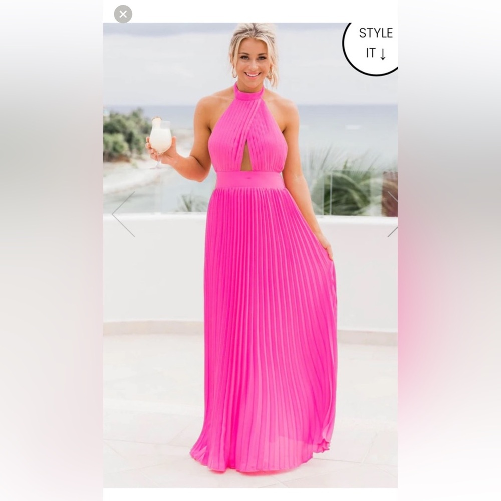 Pink Lily Hot Pink Pleated Halter Maxi Dress